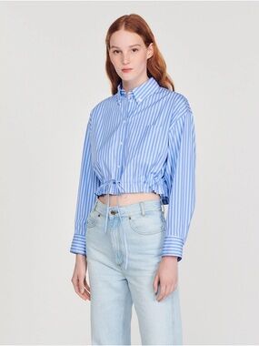 Sandro Blue & White Striped Cropped Button-Up Top